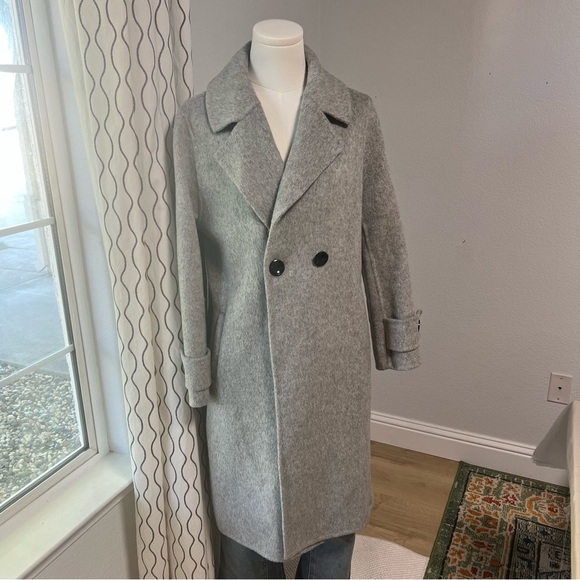 Classic Gray Wool Blend Long Overcoat Large – Double Breasted Winter Trench Coat - Picture 2 of 13